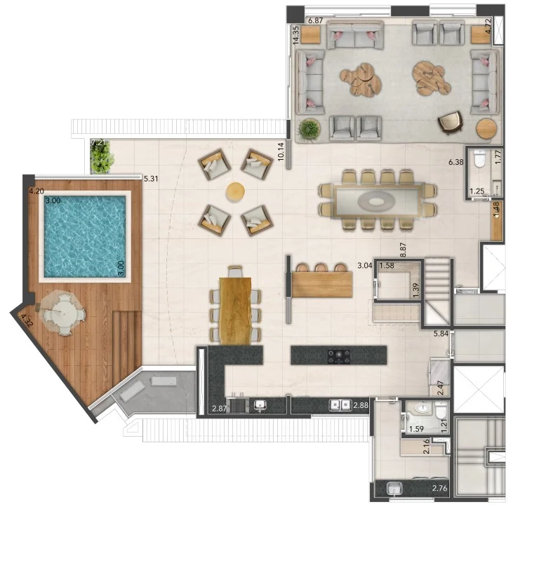 Planta de um apartamento duplex de 347 m², pavimento inferior.