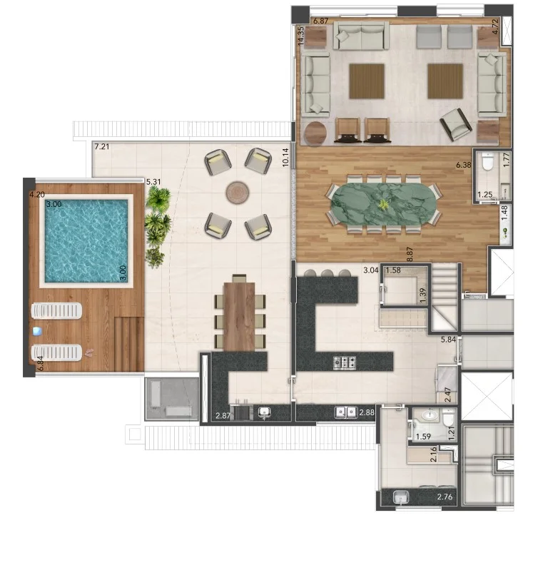 Planta de um apartamento duplex de 345 m², pavimento inferior.