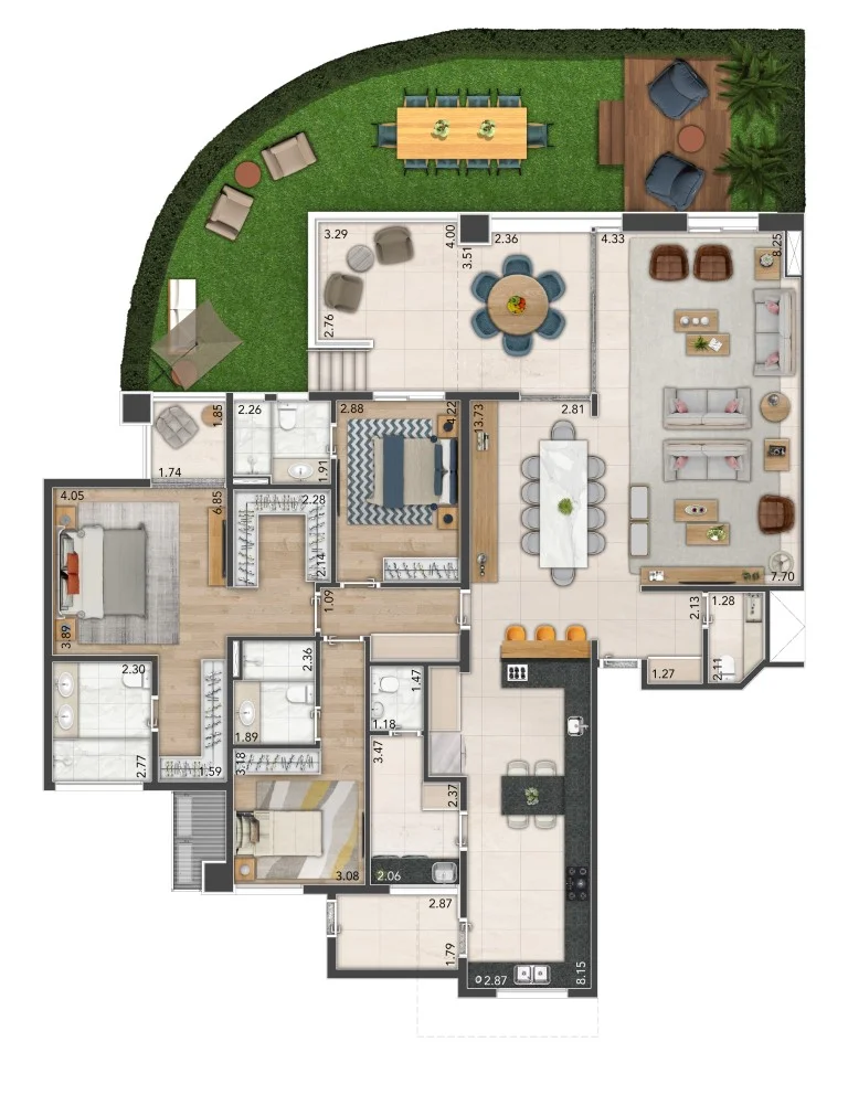 Planta de um apartamento de 229 m² com jardim privado.