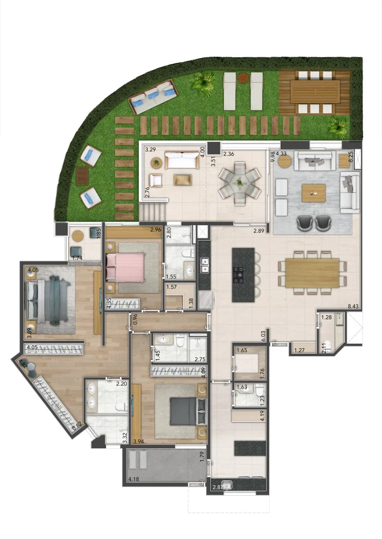 Planta de um apartamento de 235 m² com jardim privado.