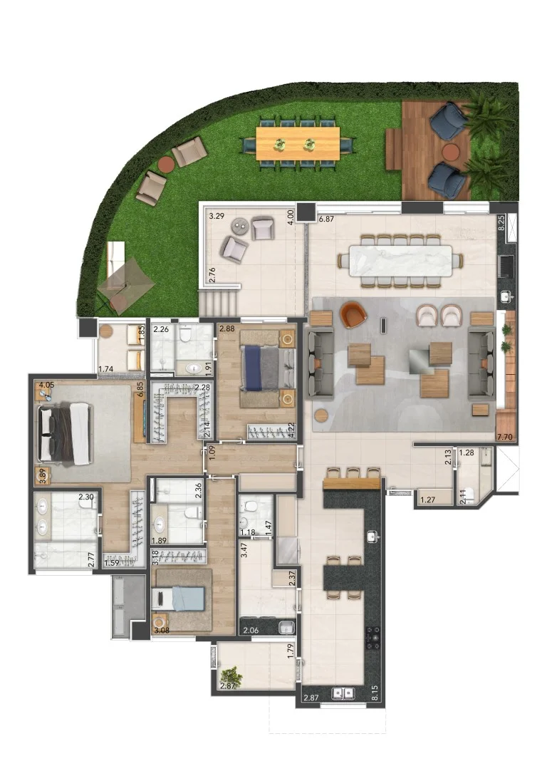 Planta de um apartamento de 229 m² com jardim privado.