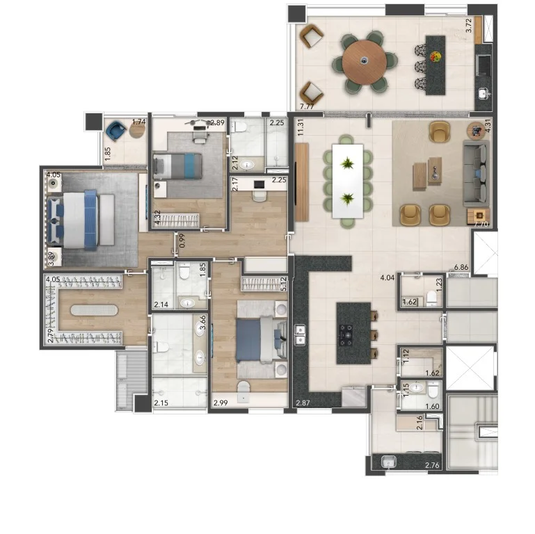 Planta de um apartamento de 221 m², 3 suítes com varanda. 