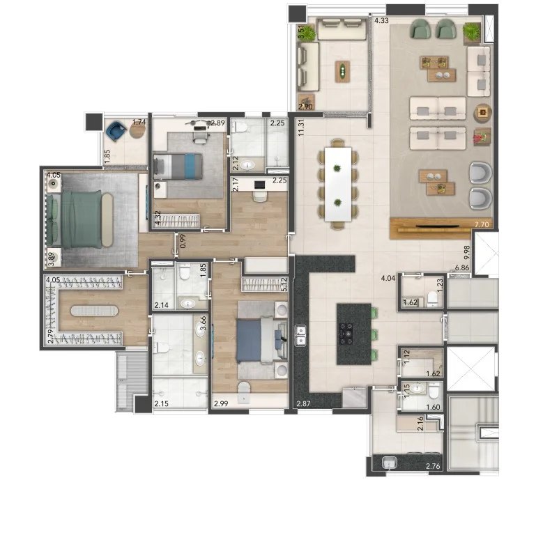 Planta de um apartamento de 221 m², 3 suítes com sala ampliada.