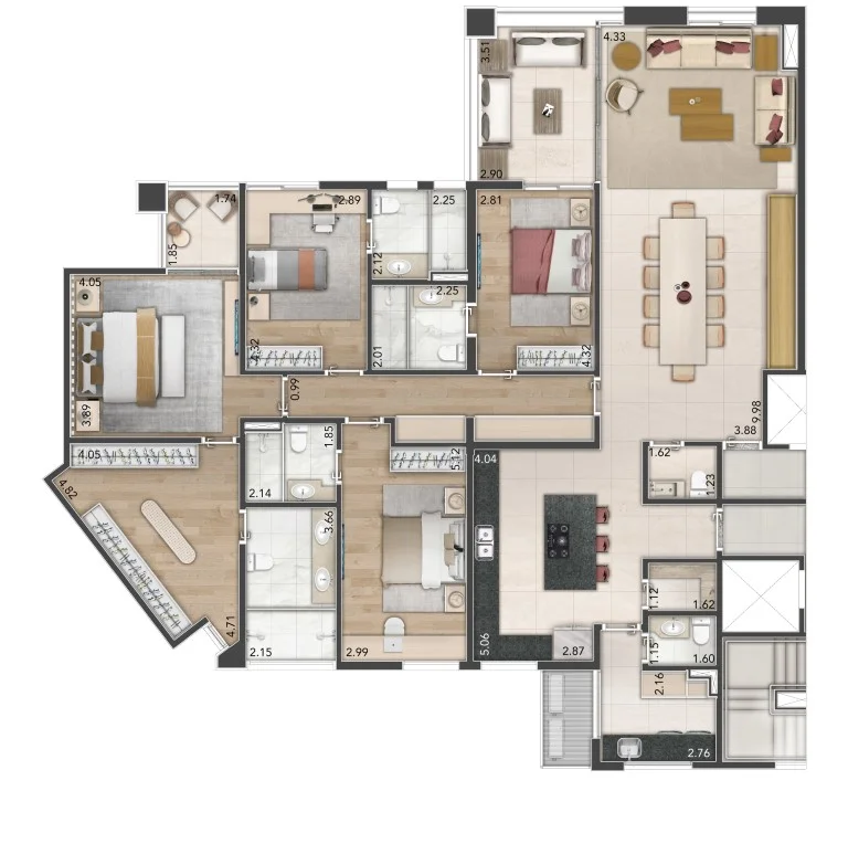 Planta de um apartamento de 225 m², 4 suítes com closet ampliado.