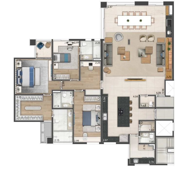 Planta de um apartamento de 221 m², 3 suítes com sala ampliada.